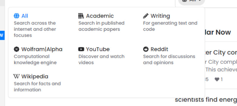 Examples of the different sources Perplexity searches through to generate a result.