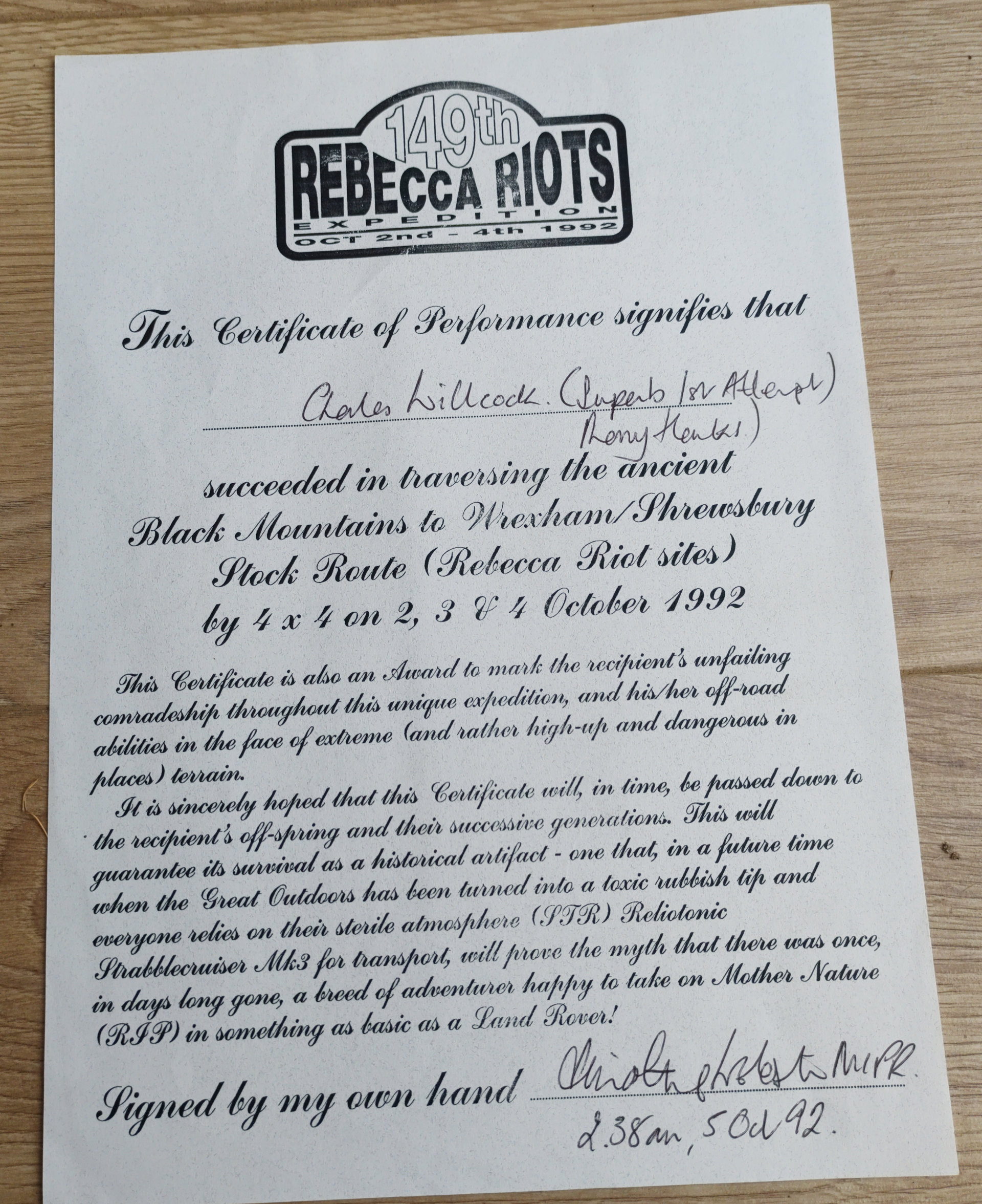 Rebecca Riots Certificate