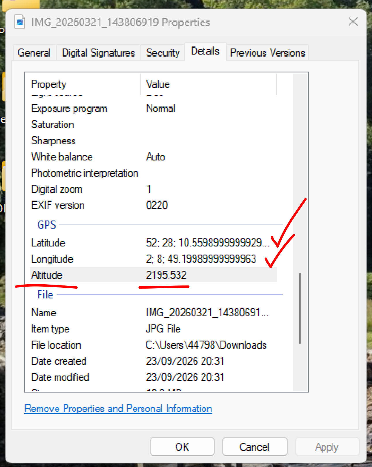 EXIF data can include the altitude