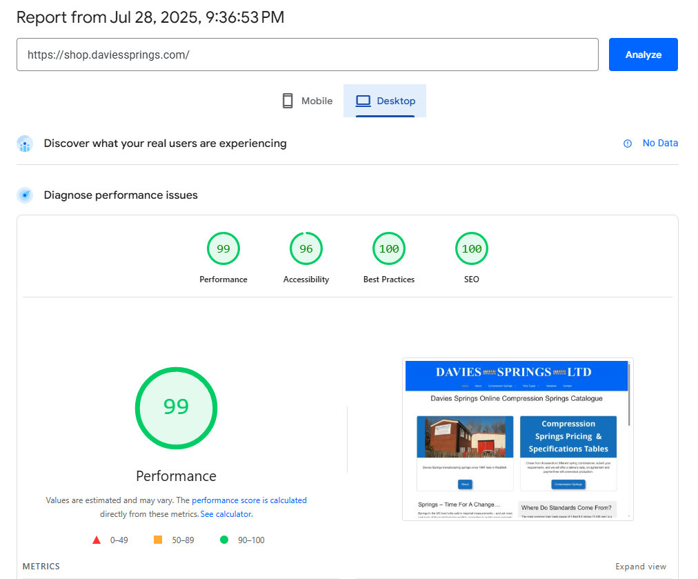 Desktop page speed test